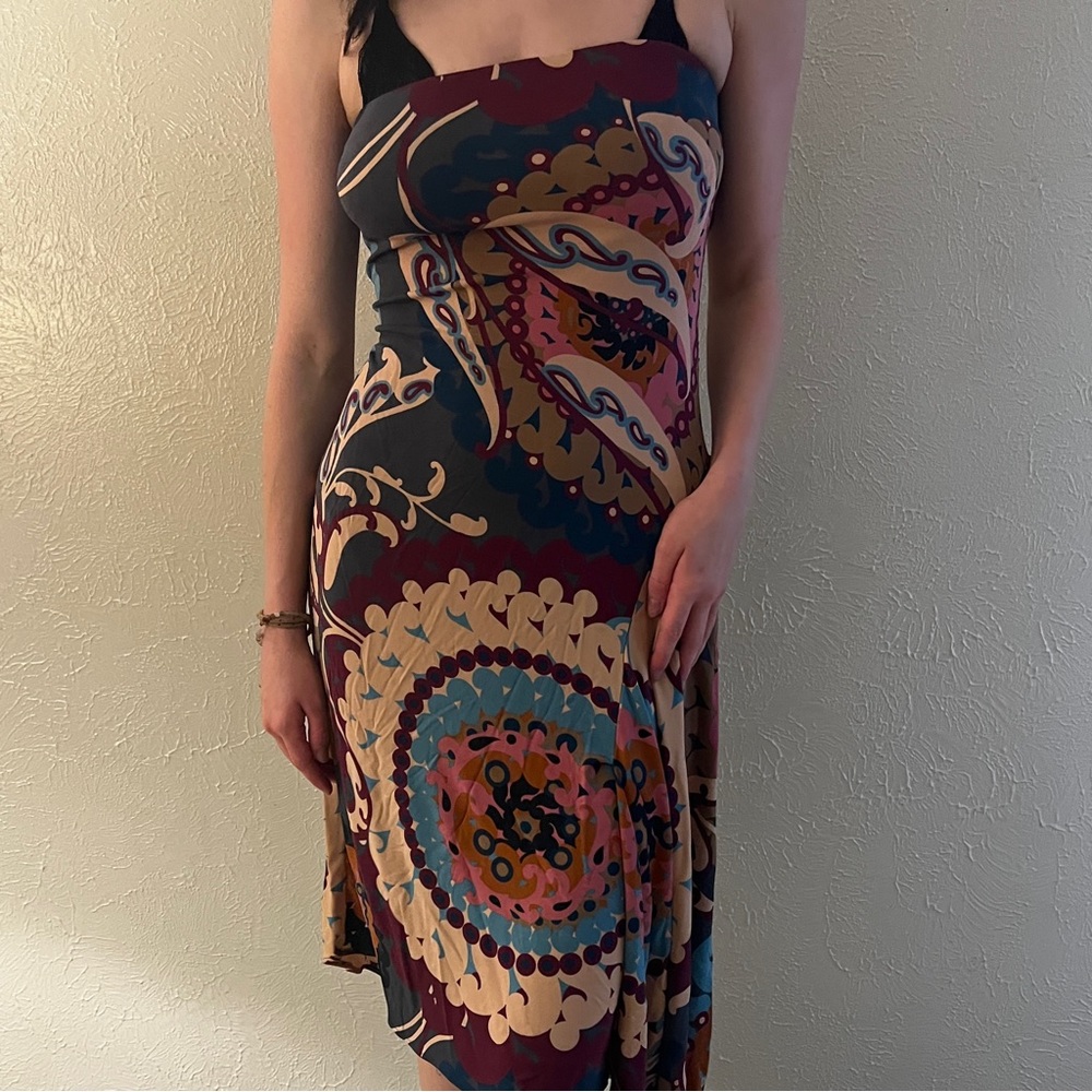 paisley strapless asymmetrical dress
